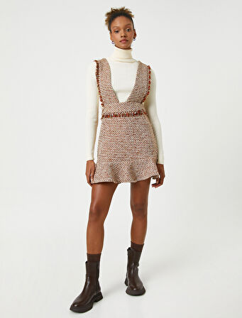 Tüvit Salopet Elbise Jile Fırfırlı Kalın Askılı Desenli