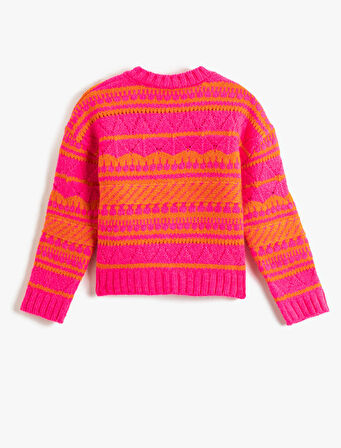 Oversize Örgü Hırka Düğmeli Yuvarlak Yaka Etnik Desenli