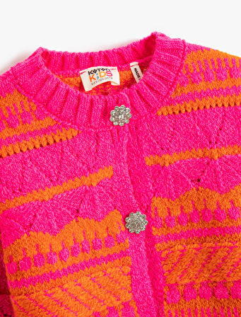 Oversize Örgü Hırka Düğmeli Yuvarlak Yaka Etnik Desenli