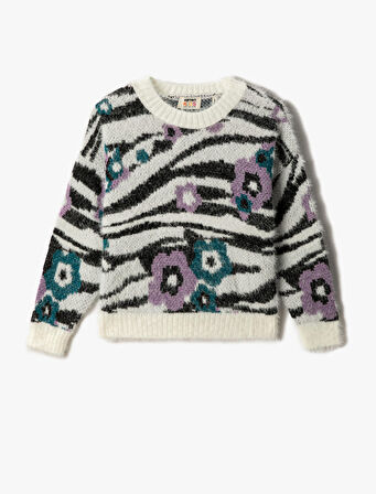 Zebra Desenli Çiçekli Peluş Kazak Uzun Kollu Bisiklet Yaka 