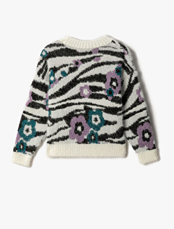 Zebra Desenli Çiçekli Peluş Kazak Uzun Kollu Bisiklet Yaka 