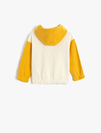 Ayıcık Baskılı Kapşonlu Sweat Renk Kontrastlı Manşetleri ve Beli Lastikli