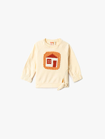 Önü Bağlama Detaylı Sweatshirt Örgü Aplike Detaylı Şardonlu