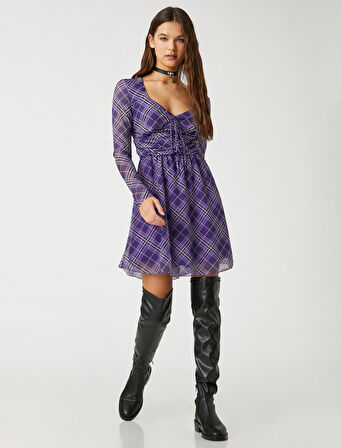 Şifon Mini Elbise Uzun Kollu Bağlama Detaylı V Yaka