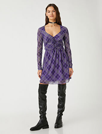 Şifon Mini Elbise Uzun Kollu Bağlama Detaylı V Yaka