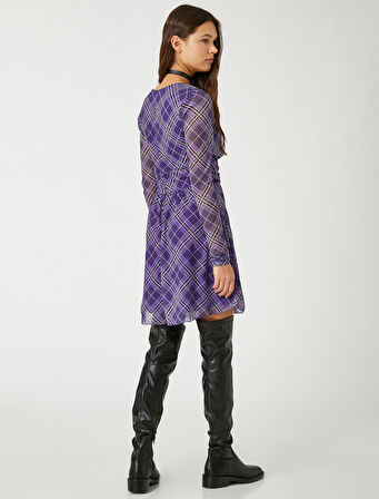 Şifon Mini Elbise Uzun Kollu Bağlama Detaylı V Yaka