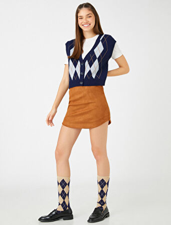 Mini Etek Süet Görünümlü Yüksek Bel Asimetrik Kesim