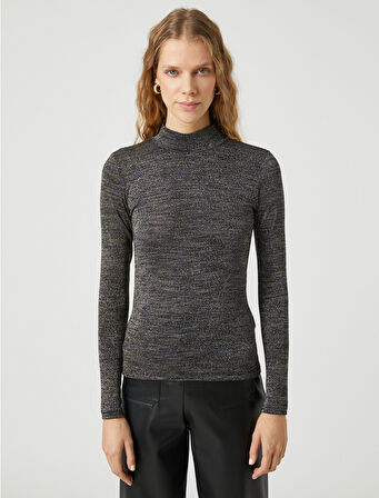 Uzun Kollu Tişört Simli Balıkçı Yaka Dar Kesim