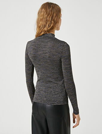 Uzun Kollu Tişört Simli Balıkçı Yaka Dar Kesim