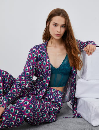 Desenli Saten Pijama Üstü Beli Büzgülü Cep Detaylı