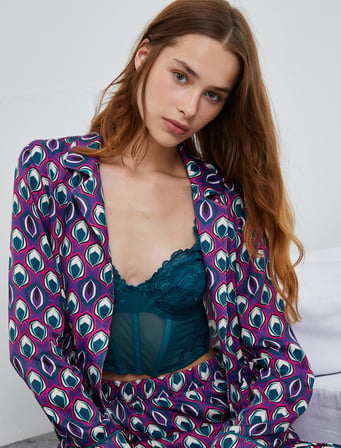 Desenli Saten Pijama Üstü Beli Büzgülü Cep Detaylı