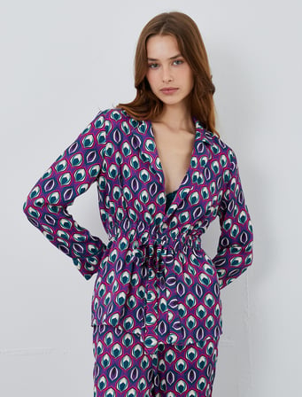 Desenli Saten Pijama Üstü Beli Büzgülü Cep Detaylı