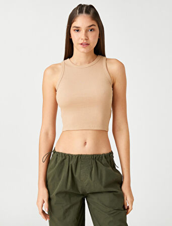 Fitilli Atlet Crop Bisiklet Yaka Fitilli Kolsuz