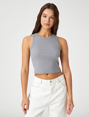 Fitilli Atlet Crop Bisiklet Yaka Fitilli Kolsuz