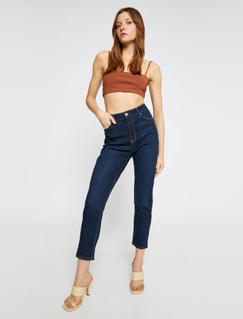 Yüksek Bel Kot Pantolon Hafif Dar Kesim - Mom Slim Jean