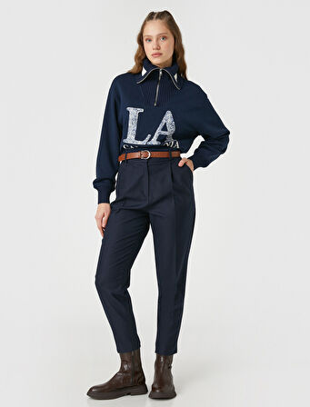 Oversize Sweatshirt Kolej Baskılı Yakası Fermuar Detaylı İçi Polarlı