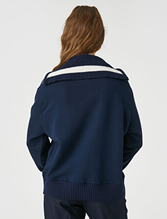 Oversize Sweatshirt Kolej Baskılı Yakası Fermuar Detaylı İçi Polarlı