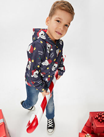 Baskılı Kapüşonlu Sweathirt Uzun Kollu