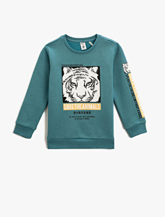 Kaplan Baskılı Sweatshirt Uzun Kollu Bisiklet Yaka