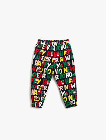 Jogger Eşofman Altı Yılbaşı Temalı Baskılı Cepli Beli Bağlamalı