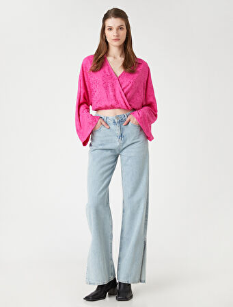 Crop Bluz Anvelop Gömlek Yaka Uzun Kollu