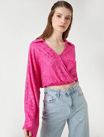 Crop Bluz Anvelop Gömlek Yaka Uzun Kollu