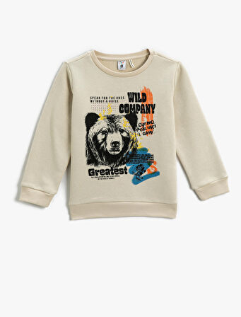 Ayı Baskılı Sweatshirt Uzun Kollu Bisiklet Yaka Şardonlu