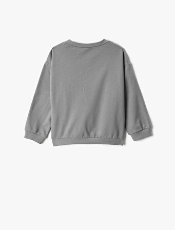 Kedi Baskılı Sweatshirt Aplike Detaylı Uzun Kollu Bisiklet Yaka