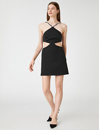 Mini Gece Elbisesi Askısı Taşlı Pencere Detaylı