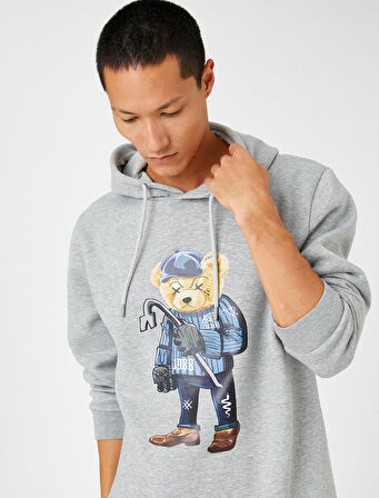 Basic Kapşonlu Sweatshirt Şardonlu Ayı Baskılı Uzun Kollu