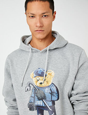 Basic Kapşonlu Sweatshirt Şardonlu Ayı Baskılı Uzun Kollu