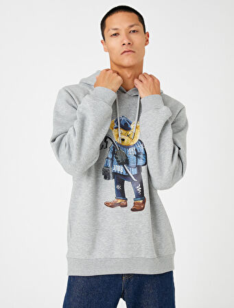 Basic Kapşonlu Sweatshirt Şardonlu Ayı Baskılı Uzun Kollu