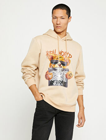 Ayı Baskılı Kapşonlu Sweatshirt Şardonlu