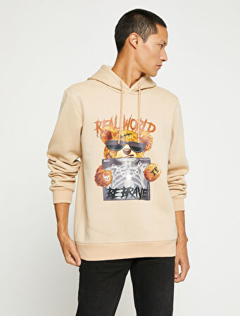Ayı Baskılı Kapşonlu Sweatshirt Şardonlu