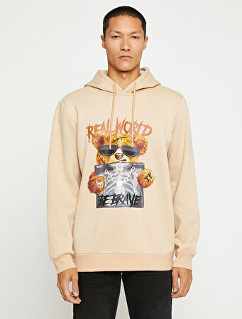 Ayı Baskılı Kapşonlu Sweatshirt Şardonlu