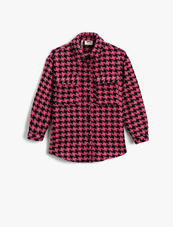 Tüvit Oversize Gömlek Ceket Kazayağı Desenli Kapaklı Cepli