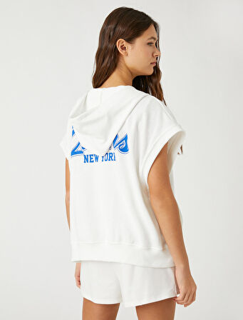 Oxford Baskılı Sweatshirt Kapüşonlu Fermuar Detaylı Kolsuz