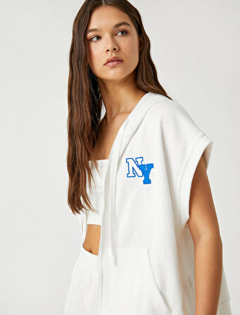 Oxford Baskılı Sweatshirt Kapüşonlu Fermuar Detaylı Kolsuz