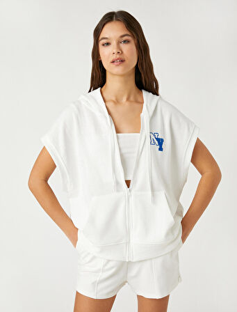 Oxford Baskılı Sweatshirt Kapüşonlu Fermuar Detaylı Kolsuz