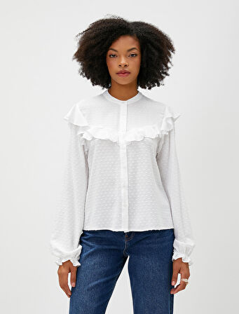 Balon Kollu Bluz Viskon Bisiklet Yaka Fırfırlı Düğmeli