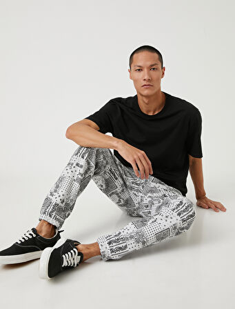 Şal Desenli Eşofman Altı Beli Bağcıklı Cep Detaylı