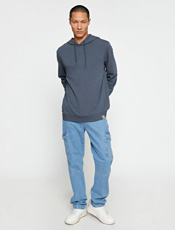 Basic Kapşonlu Sweatshirt Etiket Baskılı Uzun Kollu