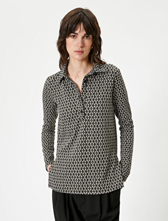 Melis Ağazat X Koton - Düğmeli Polo Yaka Uzun Kollu Tişört