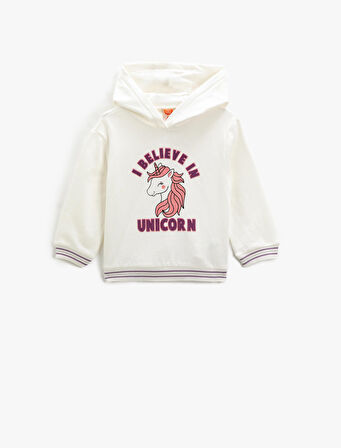 Unicorn Baskılı Kapşonlu Sweatshirt Şardonlu Uzun Kollu