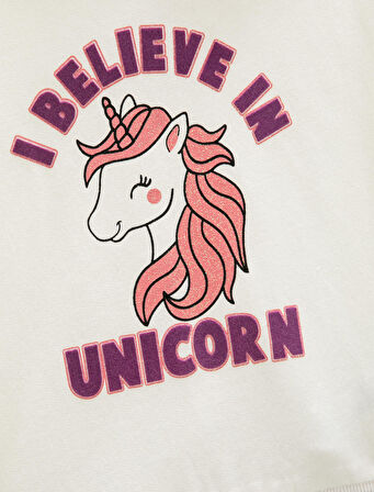 Unicorn Baskılı Kapşonlu Sweatshirt Şardonlu Uzun Kollu
