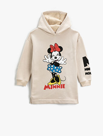 Sweat Elbise Minnie Mouse Baskılı Kapüşonlu Lisanslı Şardonlu