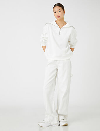 Yarım Fermuarlı Sweatshirt Dik Yaka Pamuklu