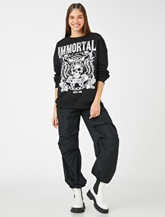 Slogan Baskılı Sweatshirt Uzun Kollu Bisiklet Yaka İçi Polarlı