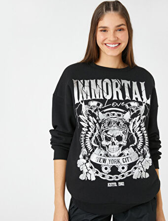 Slogan Baskılı Sweatshirt Uzun Kollu Bisiklet Yaka İçi Polarlı