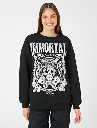 Slogan Baskılı Sweatshirt Uzun Kollu Bisiklet Yaka İçi Polarlı